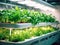 Vegetable hydroponic system. Green lettuce, vegetable garden growing on hydroponic system farm plants on water