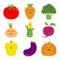 Vegetable icon set. Pepper, tomato, carrot, broccoli, onion, sweet corn, beet, eggplant, aubergine, pumpkin. Smiling face. Healthy