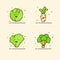 Vegetable icons set collection cabbage radish lettuce broccoli cute mascot face emotion happy with color flat cartoon