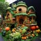Vegetable Kingdom Fantasy vegetable garden with organic hut Generative AI