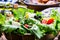 Vegetable lettuce salad. Olive oil pouring into bowl of salad. Italian Mediterranean or Greek cuisine. Vegetarian vegan food