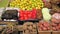 Vegetable Market stall with tomatoes, potatoes, lemons