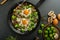 Vegetable omelet with bulls eye egg and sprouts