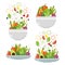 Vegetable plates and bowls. Slices of vegetables. Flat design.