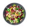 Vegetable salad with beetroot, avocado, cucumber and feta cheese is isolated on a white background.