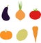 The vegetable set. Purple eggplant, orange pumpkin, carrot, onion, potato, red tomato on a white background, hand drawing