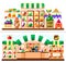 Vegetable shop indoor with seller, showcase and refrigerator. Supermarket interior with goodies. Fruits and vegetables