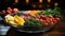 Vegetable slices in a bowl with tomato lemon and curry leaves