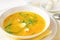 Vegetable soup with asparagus, quail egg and bear garlic