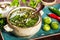 Vegetable soup of broccoli, brussels sprouts and onions on dark wooden background, healthy food.