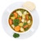 Vegetable soup meal with vegetables in bowl from above isolated