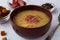 Vegetable soup with meat and bread. Split pea soup with ham, carrots and potatoes