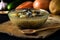 Vegetable soup mushrooms glass bowl wooden tureen