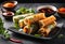 A vegetable spring roll with sweet chili sauce