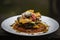 Vegetable stack - pumpkin, zucchini, red capsicum, eggplant and mushroom cooked in a tomato, onion, and garlic sauce topped with p