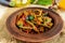 Vegetable stew salad: bell pepper, eggplant, asparagus beans, garlic, carrot, leek