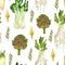 Vegetable watercolor seamless pattern artichoke, zucchini flower, salad on white background