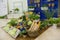 Vegetables and baguettes on a stylized counter