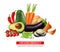 Vegetables banner Vector realistic. Avocado, eggplant, carrots and tomatoes detailed 3d illustrations