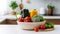 vegetables in basket on the countertop in a modern kitchen , advertising banner