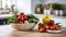 vegetables in basket on the countertop in a modern kitchen , advertising banner