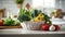 vegetables in basket on the countertop in a modern kitchen , advertising banner