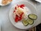 Vegetables, cabbage, cucumber, tomato. Tasty, mouth-watering lunch. Color food photo, modern