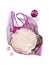 Vegetables, cauliflower, garlic, purple onion in violet eco bag with handles, mesh fabric shopper on white background. Ecological