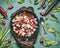 Vegetables chicken low carb dish with eggplants, preparation on kitchen table background with ingredients, top view, flat lay.