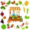 Vegetables color icons set. Organic food logo in the middle for web and mobile design