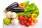 Vegetables for cooking. Eggplant, tomatoes, onions, paprika, cauliflower. Isolate on white background