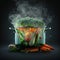 vegetables cooking in an transparent cooking pot with steam and vegetables, generative ai