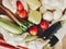 Vegetables in eco cotton bags on table in the kitchen, zero wast