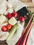 Vegetables in eco cotton bags on table in the kitchen, zero wast