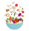 Vegetables fly bowl. Salad preparation. Mixing cooking ingredients. Blending different food. Cutting tomatoes and