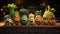 Vegetables fruit cartoon personality character, funny dietary ingredients of proper food, cute and funny products