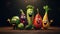 Vegetables fruit cartoon personality character, funny dietary ingredients of proper food, cute and funny products