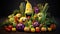 Vegetables fruit cartoon personality character, funny dietary ingredients of proper food, cute and funny products