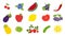 Vegetables, fruits, berries set. Cherry, blueberry, watermelon, currant, pepper, eggplant, apple, lemon, tomato, black chokeberry