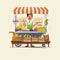 Vegetables and fruits cart with seller character design. market