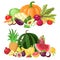 Vegetables and fruits. Cartoon vegetarian food, watermelon, pumpkin and apple vitamin fresh veggies and fruits vector