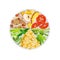 Vegetables, fruits, nuts and macaroni are laid out on a round plate by color. Vector illustration on white background.