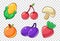 Vegetables and fruits set, corncob, cherry, mushroom, peach, plum, beet stickers, labels, badges vector Illustrations