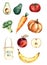 Vegetables and fruits, watercolor illustrations, single elements.