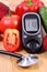 Vegetables, glucometer and stethoscope on wooden surface, healthy lifestyle, nutrition, diabetes