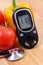 Vegetables, glucose meter and stethoscope on wooden surface, healthy lifestyle, nutrition, diabetes