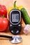 Vegetables, glucose meter and stethoscope on wooden surface, healthy lifestyle, nutrition, diabetes