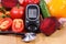 Vegetables, glucose meter and stethoscope on wooden surface, healthy lifestyle, nutrition, diabetes