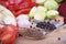 Vegetables and grains served on a wooden board