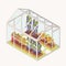 Vegetables growing in boxes with soil inside glass greenhouse. Isometric glasshouse with garden beds for crops